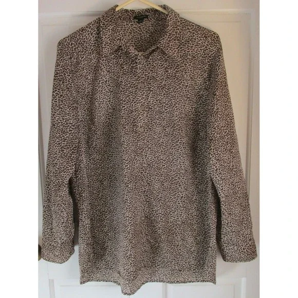 Ann Taylor Women's Brown Animal Print Roll Tab Sleeve Blouse Size 12 - Picture 2 of 11